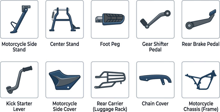 Collection of motorcycle parts icons including kick starter, side stand, foot peg, gear shifter, and chassis frame