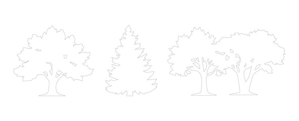 Minimalist tree outline vector set, simple line art forest plants, deciduous and coniferous tree silhouettes for architectural site plans and landscape design © Your Admires 