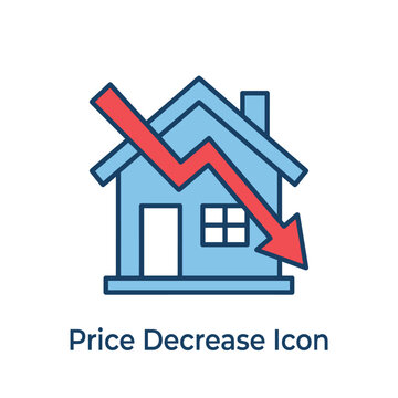 Icon of a house with a red downward trending arrow indicating price decrease or real estate market decline