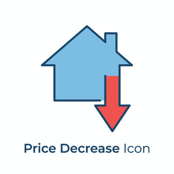 Simple blue house icon with a red downward arrow indicating a price decrease or drop