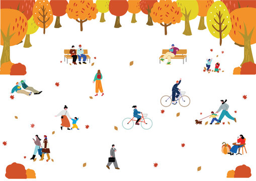 秋の公園で過ごす人々のイラスト