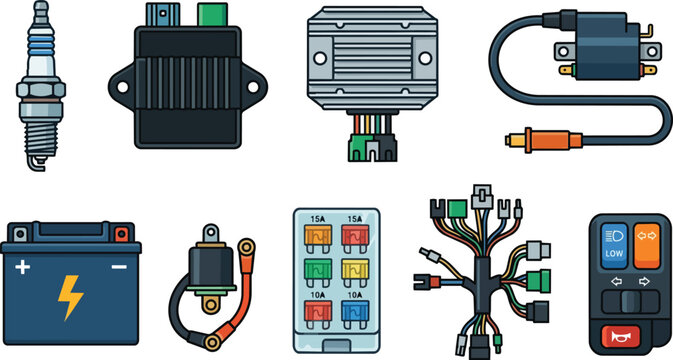 Collection of motorcycle electrical system components including battery, spark plug, fuse box, ignition coil, and wiring harness