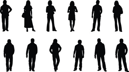 Silhouette collection of men and women standing in various poses for human posture, fashion, and body language design concepts © Mst