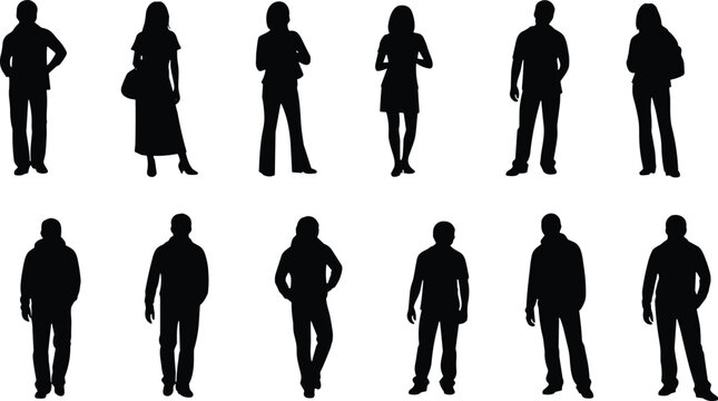Silhouette collection of men and women standing in various poses for human posture, fashion, and body language design concepts
