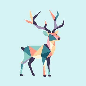 A geometric illustration of a deer with colorful triangular shapes on a light