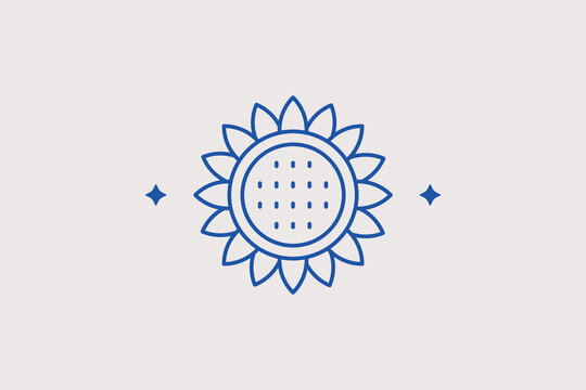 Sun sunflower line icon for summer agriculture farming. Bright vector illustration for organic seed packaging labels.