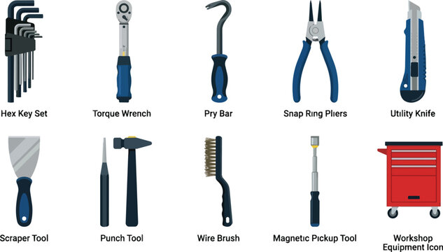 Collection of workshop and garage tools and equipment icons for repair and maintenance tasks