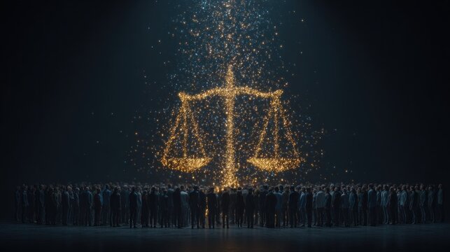 Glowing golden scales of justice materialize above a large assembled group of people in darkness