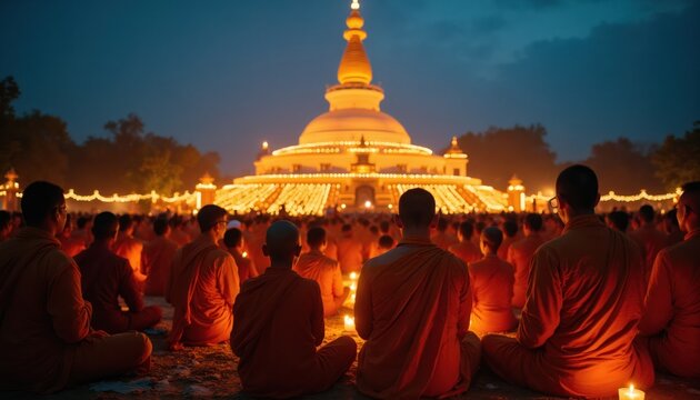 Buddhist monks and devotees gather at illuminated stupa for night prayer. People sit in meditation holding candles. Celebration of sacred event in spiritual temple.