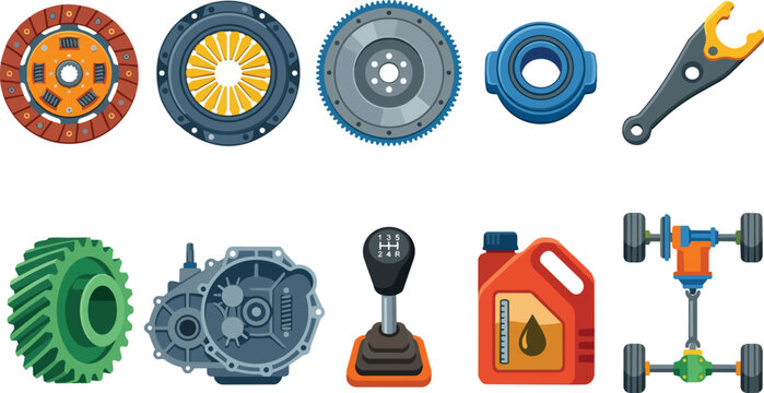 Collection of car engine and transmission parts including clutch, flywheel, gearbox, shifter, and drive axle