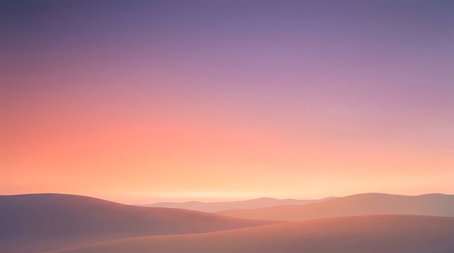 Minimalist landscape with rolling hills at sunset, featuring a soft gradient sky transitioning from purple to orange, creating a serene and atmospheric scene