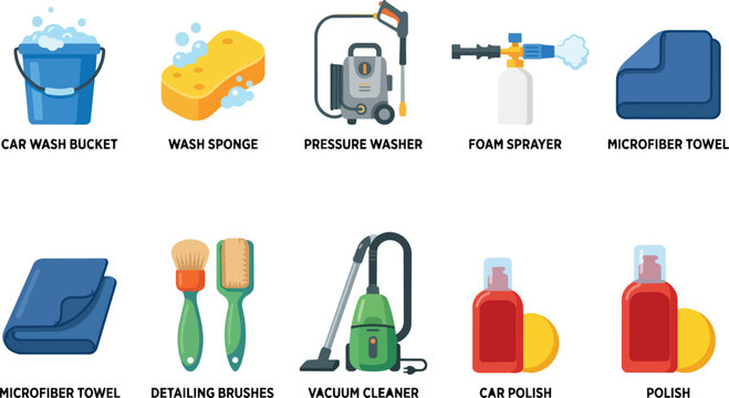 Collection of car wash and detailing equipment icons for automotive cleaning services and auto care concepts