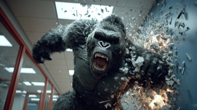 Enraged ape violently smashes through an interior office partition wall in a dramatic breakthrough.