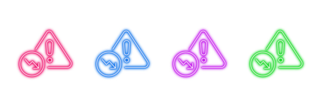 Neon glowing electrical warning vector icons set, caution sign, surge protection, alert symbol, high voltage, colorful digital design illustration.