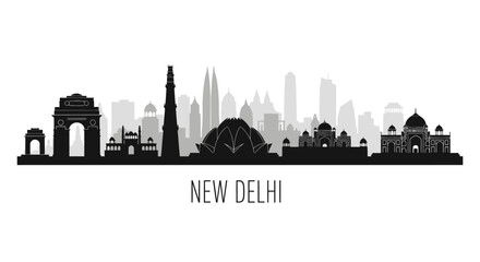 Obraz premium New Delhi Skyline Silhouette: Iconic Landmarks in Black & White