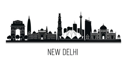 Obraz premium New Delhi Skyline Silhouette: Iconic Landmarks in Black and White