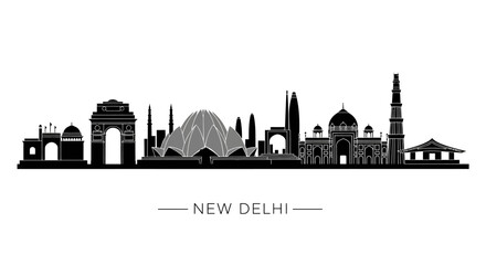 Naklejka premium New Delhi Skyline Silhouette: Iconic Landmarks in Black