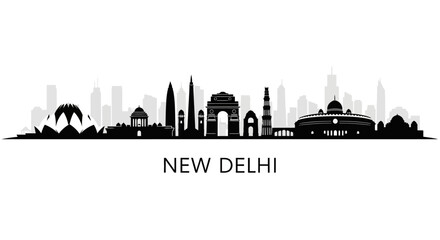Obraz premium New Delhi Skyline Silhouette: Indian Cityscape in Black and White
