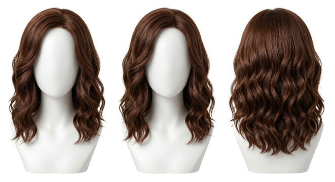 Three views of brown wavy wig on mannequin heads