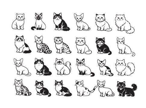 Cute collection of cat characters in cartoon and minimalist line art style. Set includes different cat breeds, poses, fur patterns, and fluffy kittens with expressive faces.