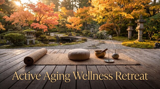 Active aging wellness retreat banner with meditation cushion, yoga mat, singing bowl, and incense on wooden deck overlooking a beautiful autumn japanese garden