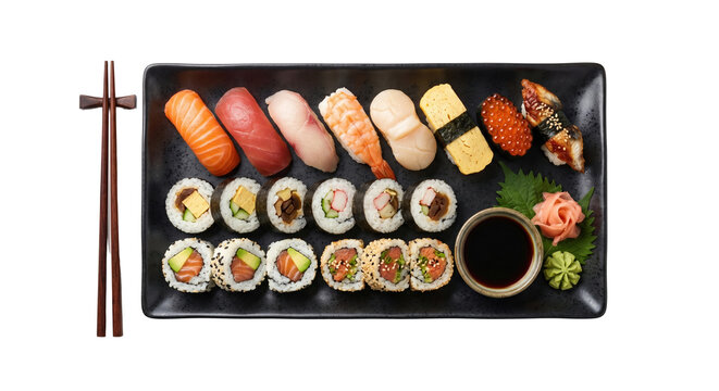 Assorted sushi platter with chopsticks on dark rectangular plate