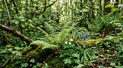 Obraz premium Lush green forest scene with ferns and wildflowers in sunlight.