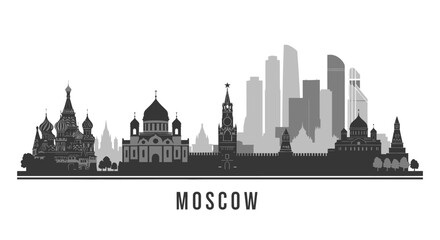 Obraz premium Moscow skyline silhouette, russian city, black and white illustration
