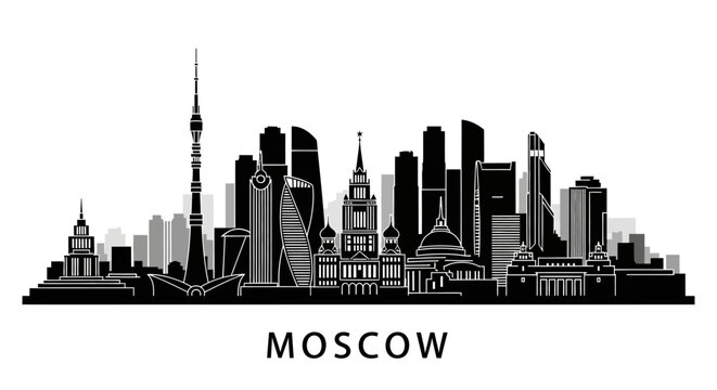 Moscow skyline silhouette, monochrome city architecture, vector illustration