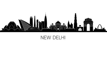 Naklejka premium New Delhi Skyline Silhouette: Black and White Architectural Icons