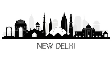 Obraz premium New Delhi Skyline Silhouette: Black and White Illustration