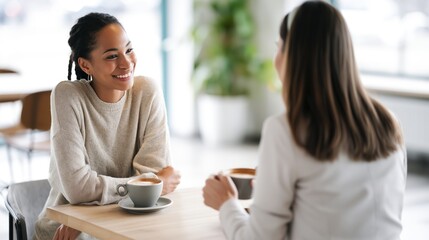 Obraz premium Two women talking over coffee in a bright cafe setting