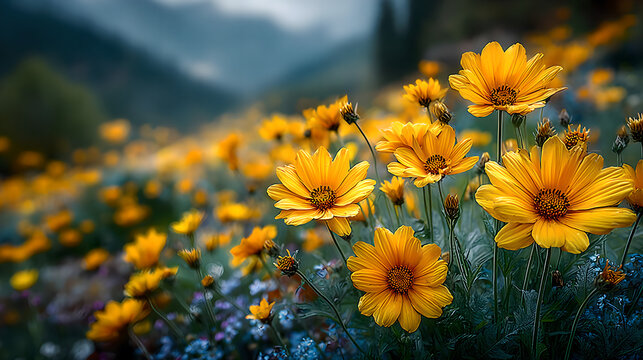 Sunflowers swaying in a field during golden hour, nature scene. gardening catalogs, home-decor guides, designed for home decor and floral branding and gardening and botanical catalogs.adulteration.