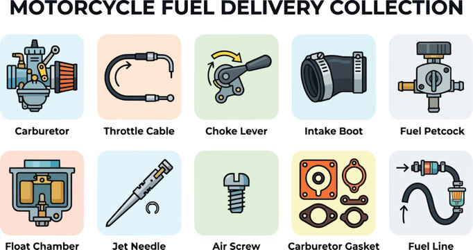 Motorcycle fuel system components collection including carburetor, throttle, and fuel line icons