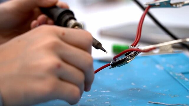Hands hold soldering iron near red wire. Focus on careful soldering task. Blue surface shows tools and wires. No emotion shown. Perfect for electronics or repair tutorials