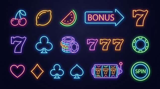 Colorful neon casino symbols and icons including sevens cherries spades clubs diamonds a bonus sign with cherries