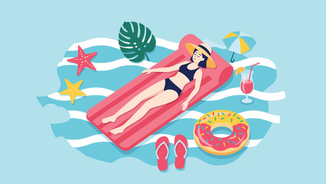 Relaxed woman lying on a red air mattress in a swimming pool surrounded by summer holiday elements like starfish and cocktails.