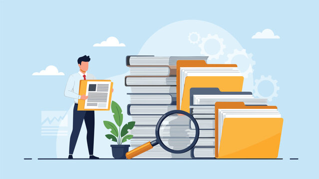 Professional archivist or employee searching through a massive stack of folders and documents using a large magnifying glass.
