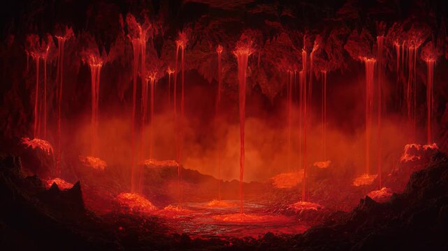 Crimson Magma Drips From Fiery Stalactites in a Volcanic Underground Cave