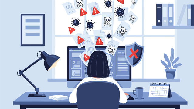 Office worker sitting at computer desk overwhelmed by numerous virus alerts, skulls, and warning icons representing cyber security threats.