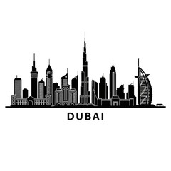 Fototapeta premium Dubai Skyline Silhouette Vector, Cityscape Landmark, Black and White Illustration