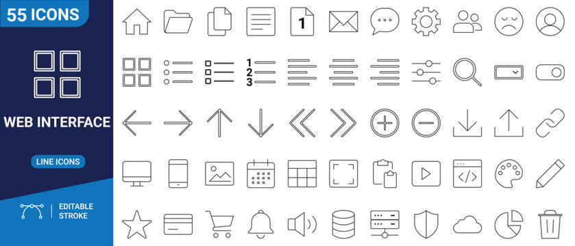 Web interface set icon featuring minimalist outline illustrations of UI/UX design, digital wireframes, and website layouts.