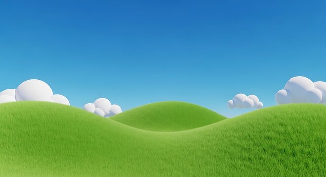 Stylized 3D rendering of rolling green hills and blue sky background