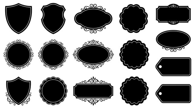 Elegant black vector label silhouettes with shields, circles, ovals, rectangles, and ornate badge templates for branding and packaging design.