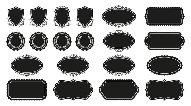 Elegant black vector label silhouettes with shields, circles, ovals, rectangles, and ornate badge templates for branding and packaging design.