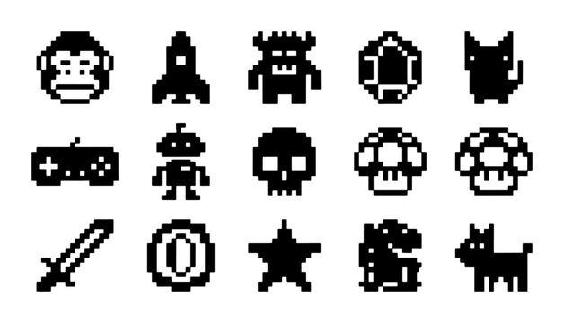 Retro Pixel Art Game Icons Set, 8-Bit Video Game Graphics Collection, 15 Classic Arcade Elements, Digital Asset for Gaming Design
