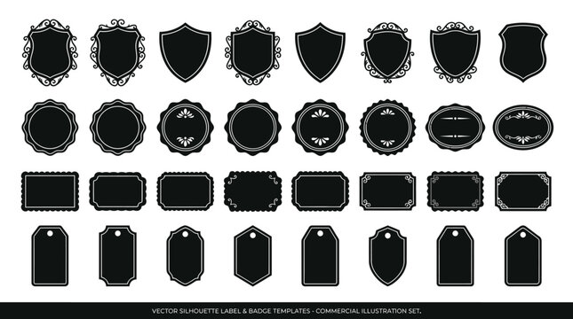Elegant black vector label silhouettes with shields, circles, ovals, rectangles, and ornate badge templates for branding and packaging design.