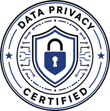 Data privacy seal features a blue shield icon with a central padlock symbol encircled by digital circuitry patterns and bold lettering to communicate information protection standards for digital.