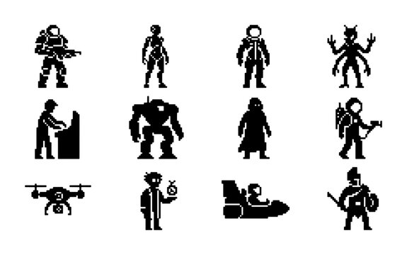 Sci-Fi Character Icons, Futuristic Soldier and Alien Silhouettes, Retro Gaming and Robot Vector Graphics, Spacecraft and Drone Symbols