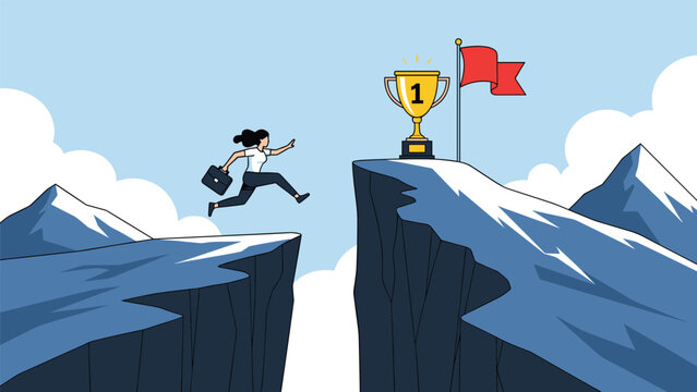Determined businesswoman jumping over a mountain gap toward a gold trophy and red flag to represent ambitious career achievements.